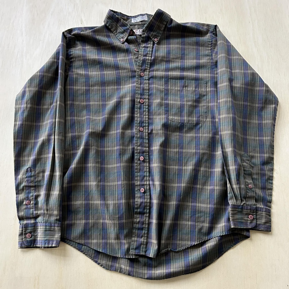 Vintage Evan Picone Shirt Mens Large Green Plaid Long Sleeve Button Up Casual